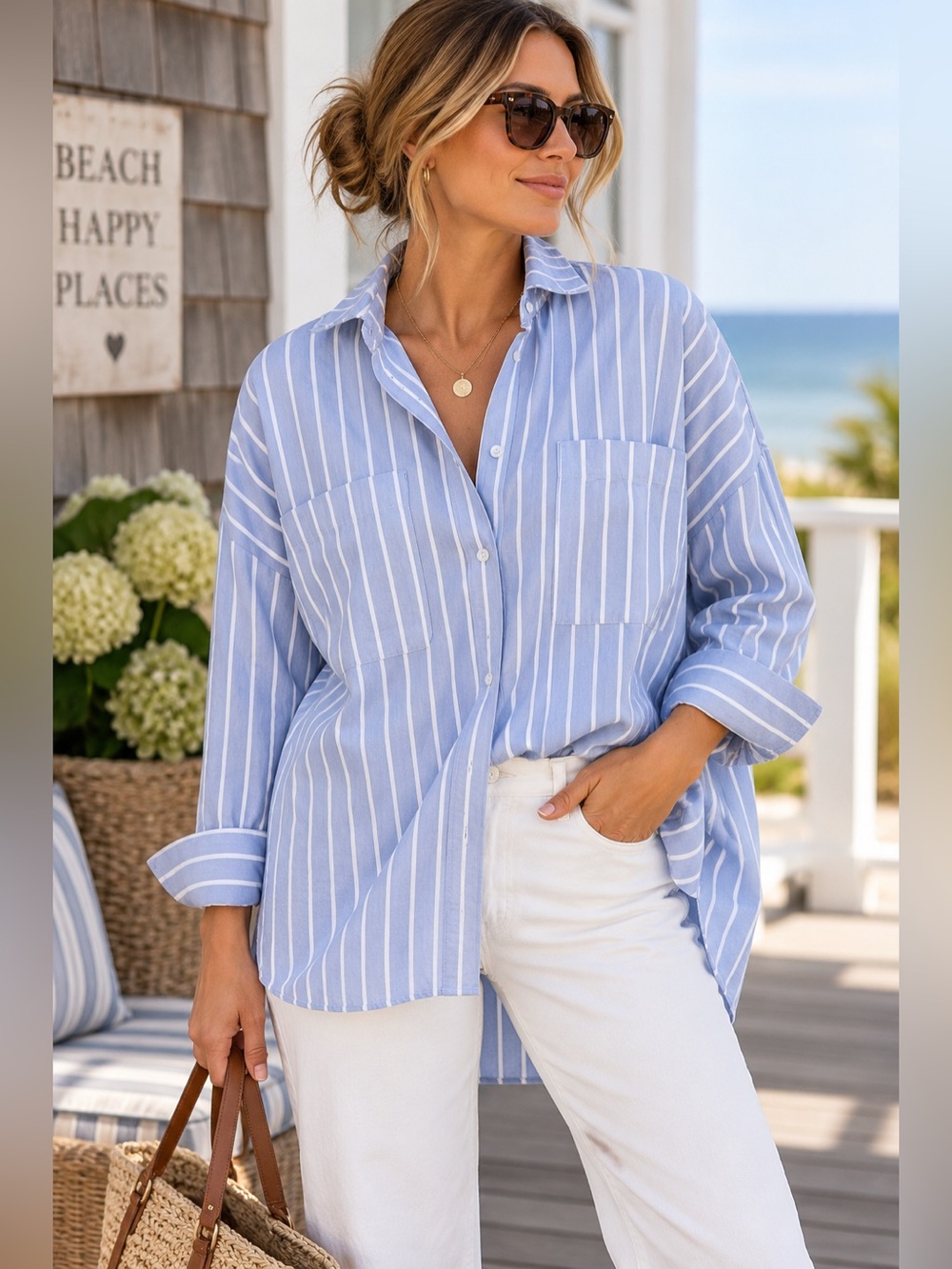 BeachLunchLounge Striped Oversized Button Down Shirt XL NWT 100% Cotton